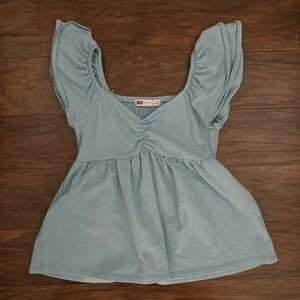 SO Pale Blue Ruffle Sleeve Peplum Top